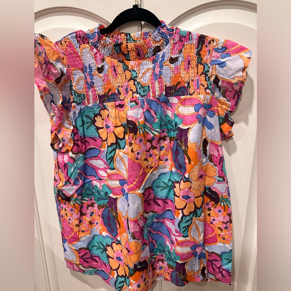 Summer Boho Shirt Top Ruffle Short Sleeve Frill Trim Mock Neck Floral Blouses